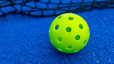 Ball of pickleball in front of the net.